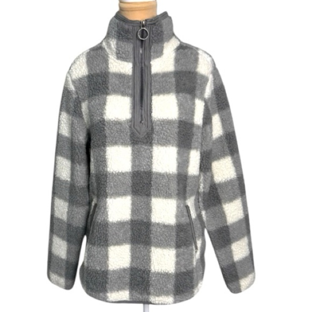 Keren Hart Gray Cream Checkered Sherpa Fleece 1/4 Zip Pullover Size Medium EUC